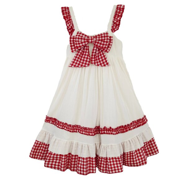 White Ruffle Dress with Red Gingham Bow Sweet Lolita Sleeveless Midi Sundress - Picture 1 of 6